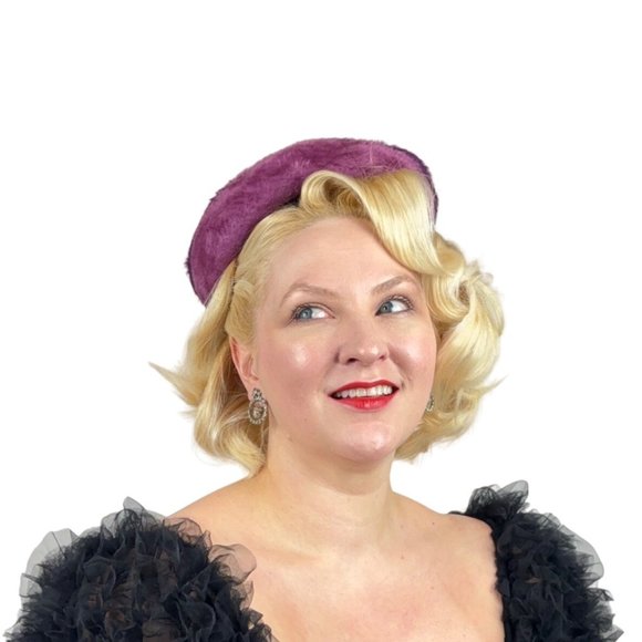 Vintage 60s Purple Hat Bow Faux Fur Pillbox Musketeer